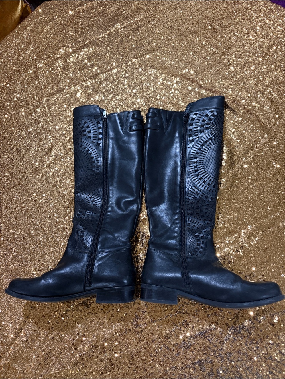 Gianni Bini Black Leather Laser-Cut Knee-High Boots